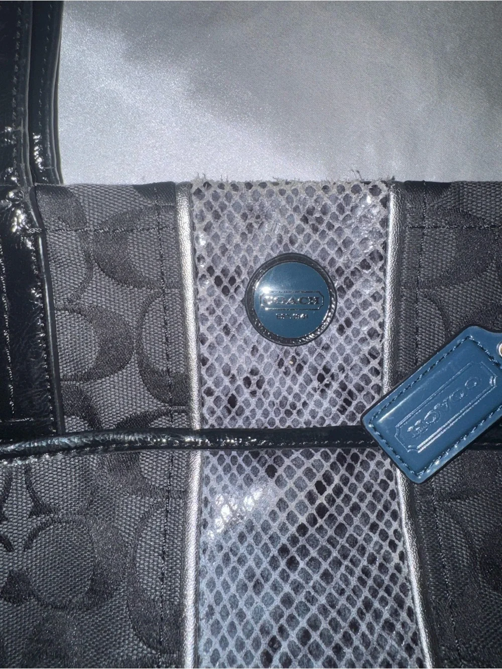 Coach Black Signature Canvas Tote with Blue Accent